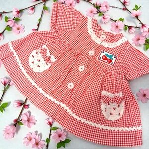 Vintage 70s/80s Red Gingham Cherry Dress – Size 18 Months